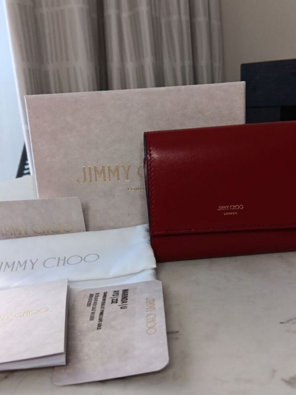 Jimmy Choo MARINDA Dark Red Leather Wallet Trifold Full Set